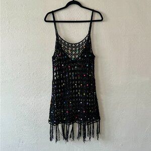 Debut Black Crochet Colorful Beaded Dress Medium Women's